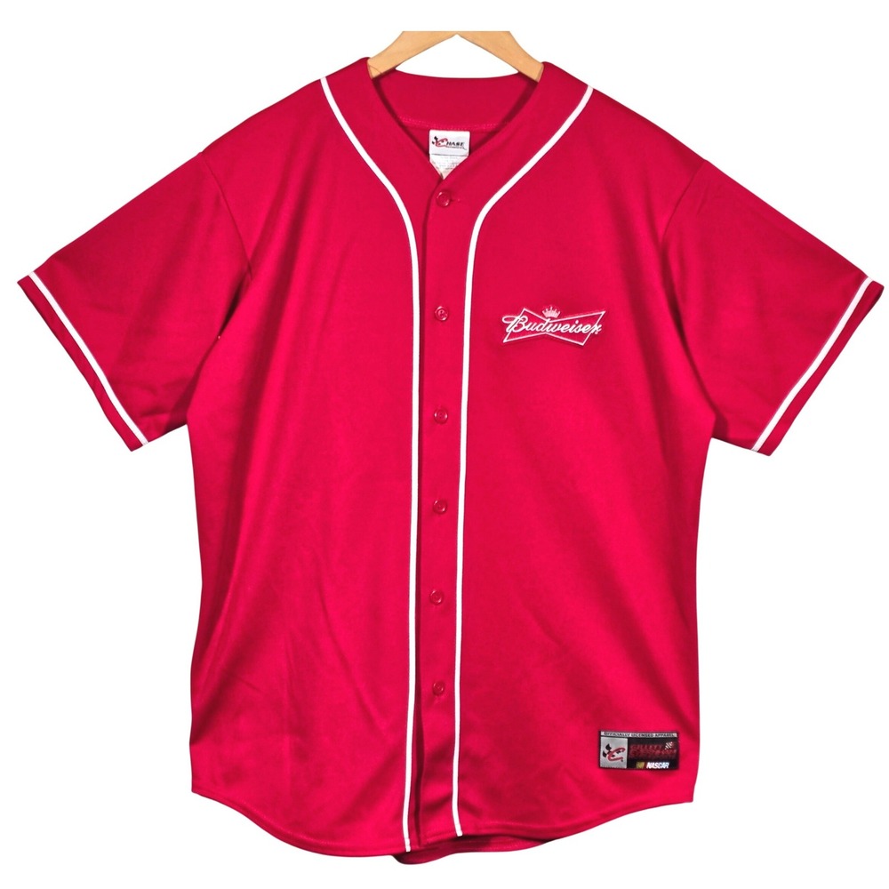 Chase Authentics Budweiser NASCAR Baseball Jersey Mens Large Red Kasey Kahne #9